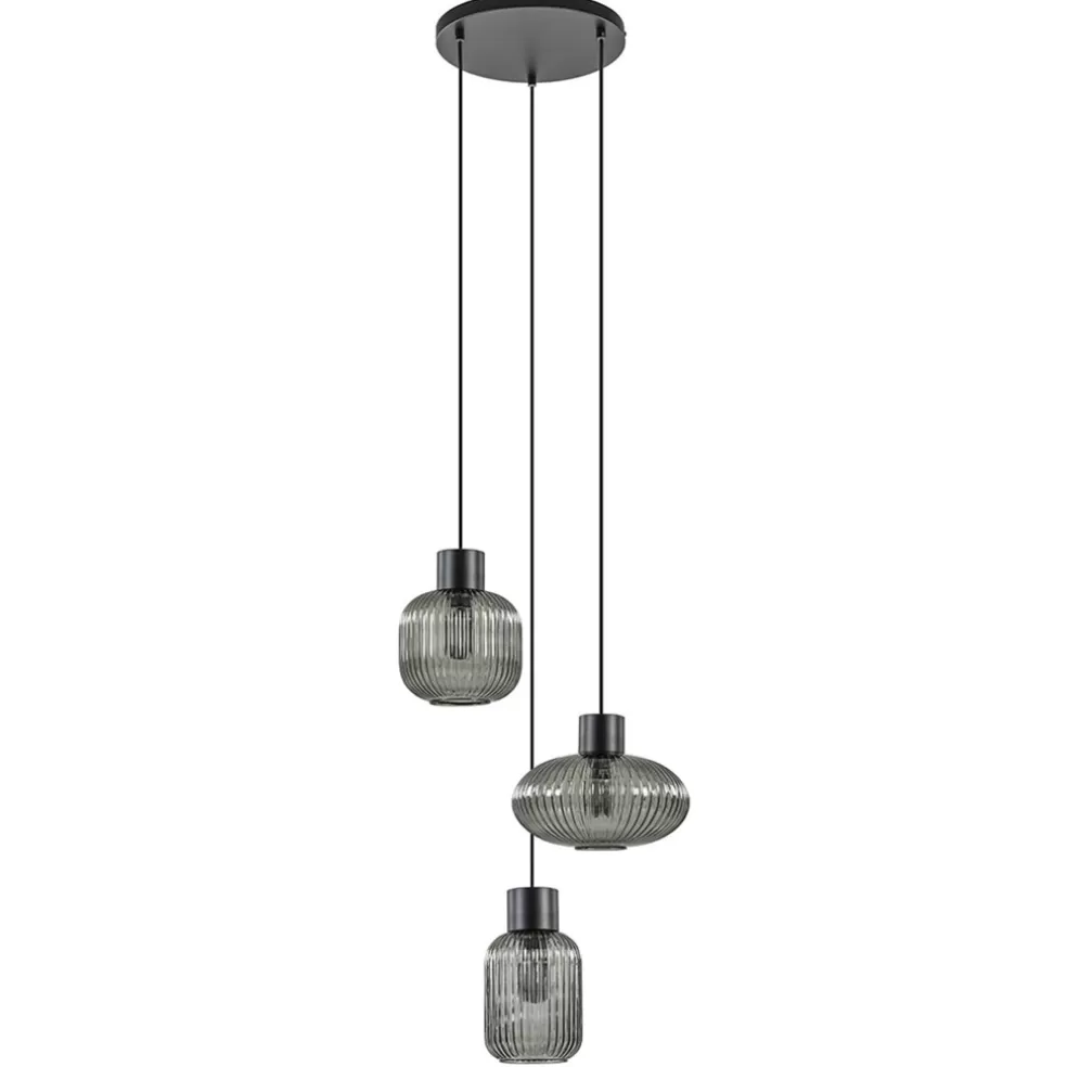 Outlet Straluma 3-Lichts ronde eettafelhanglamp zwart met smoke glas