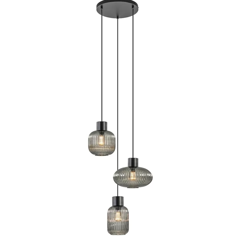 Outlet Straluma 3-Lichts ronde eettafelhanglamp zwart met smoke glas