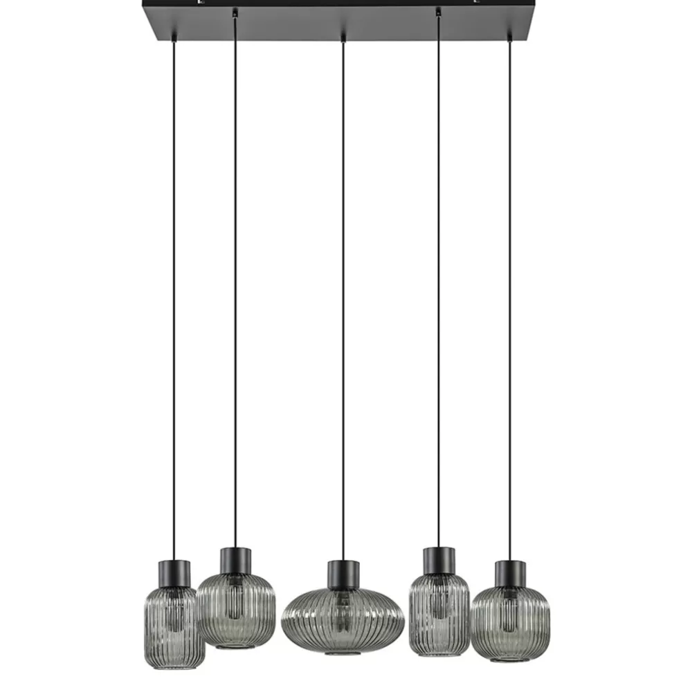 New Straluma 5-Lichts eettafelhanglamp geribbeld smoke glas met zwart