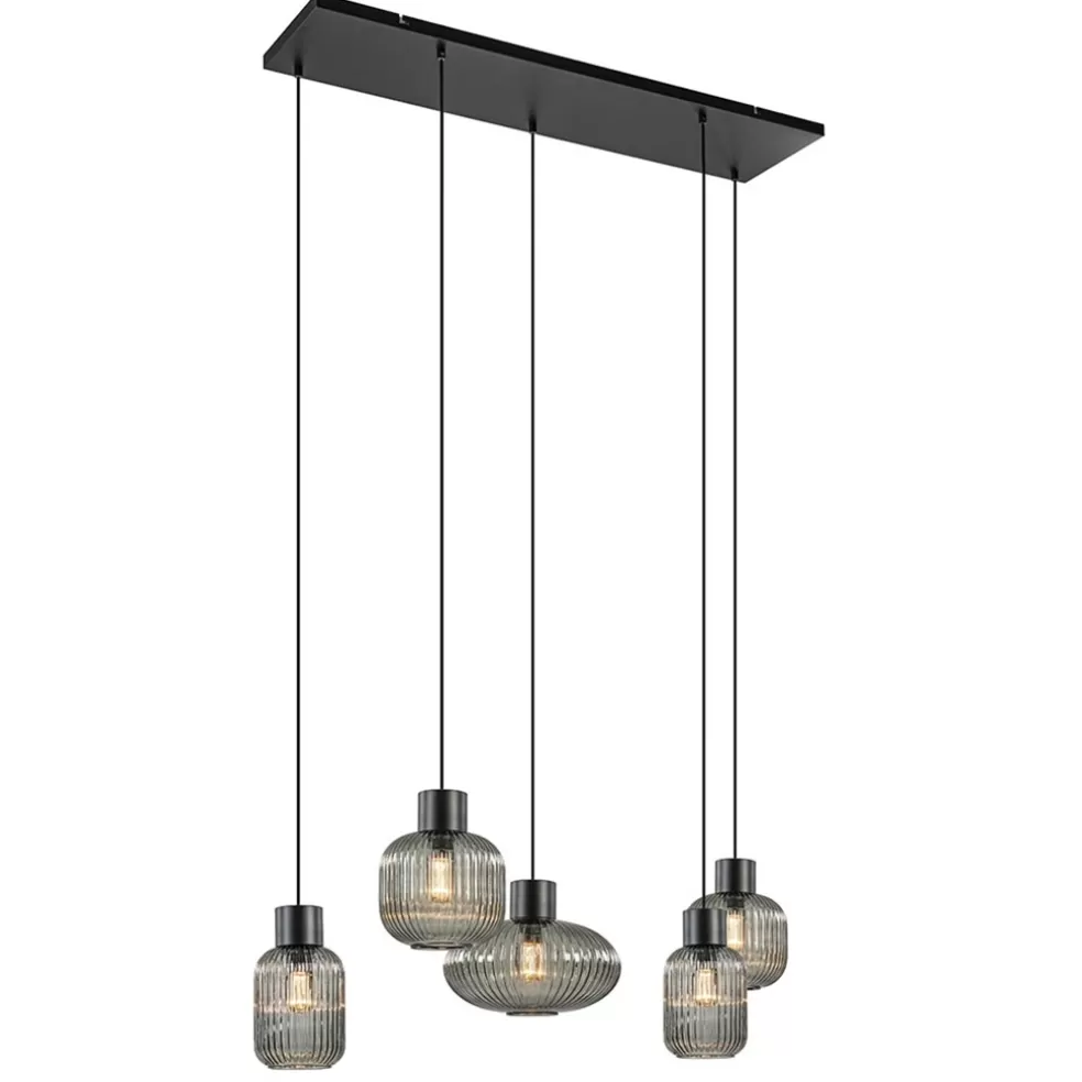 New Straluma 5-Lichts eettafelhanglamp geribbeld smoke glas met zwart