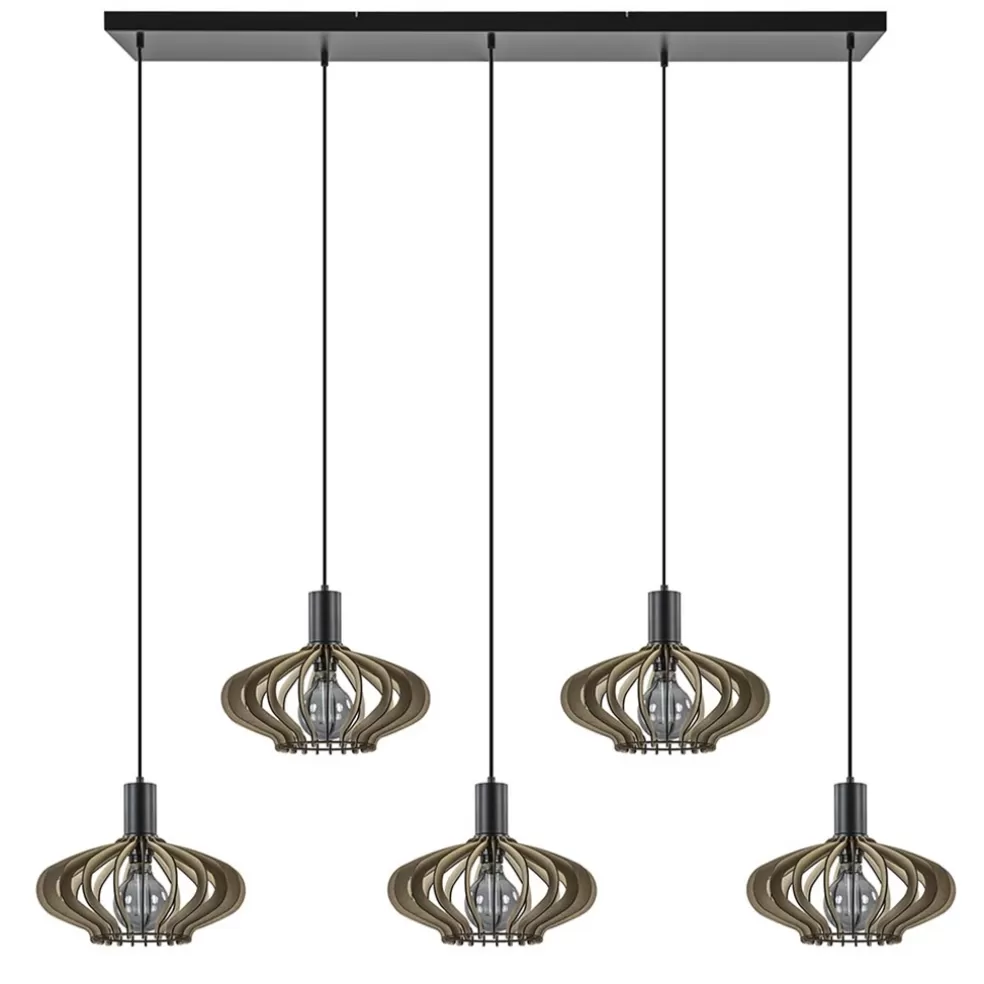 New Straluma 5-Lichts hanglamp zwart met naturel houten kappen