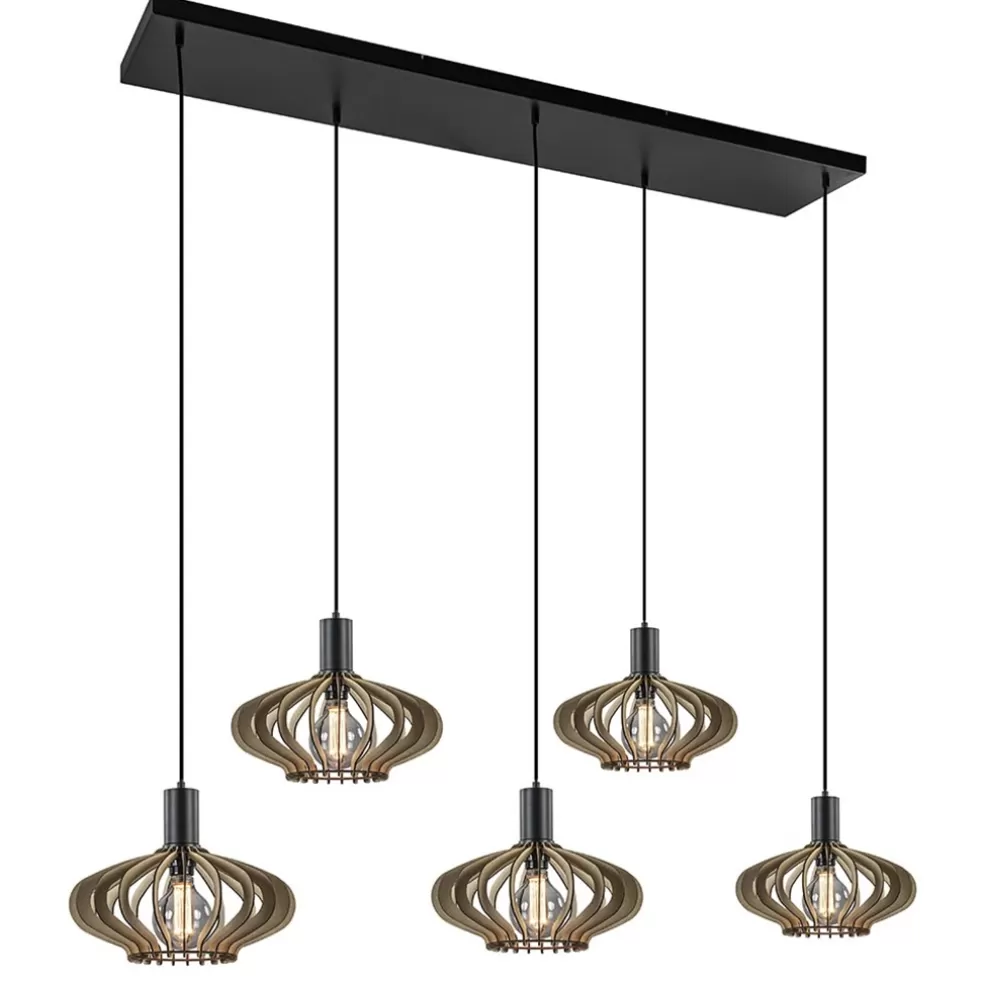 New Straluma 5-Lichts hanglamp zwart met naturel houten kappen