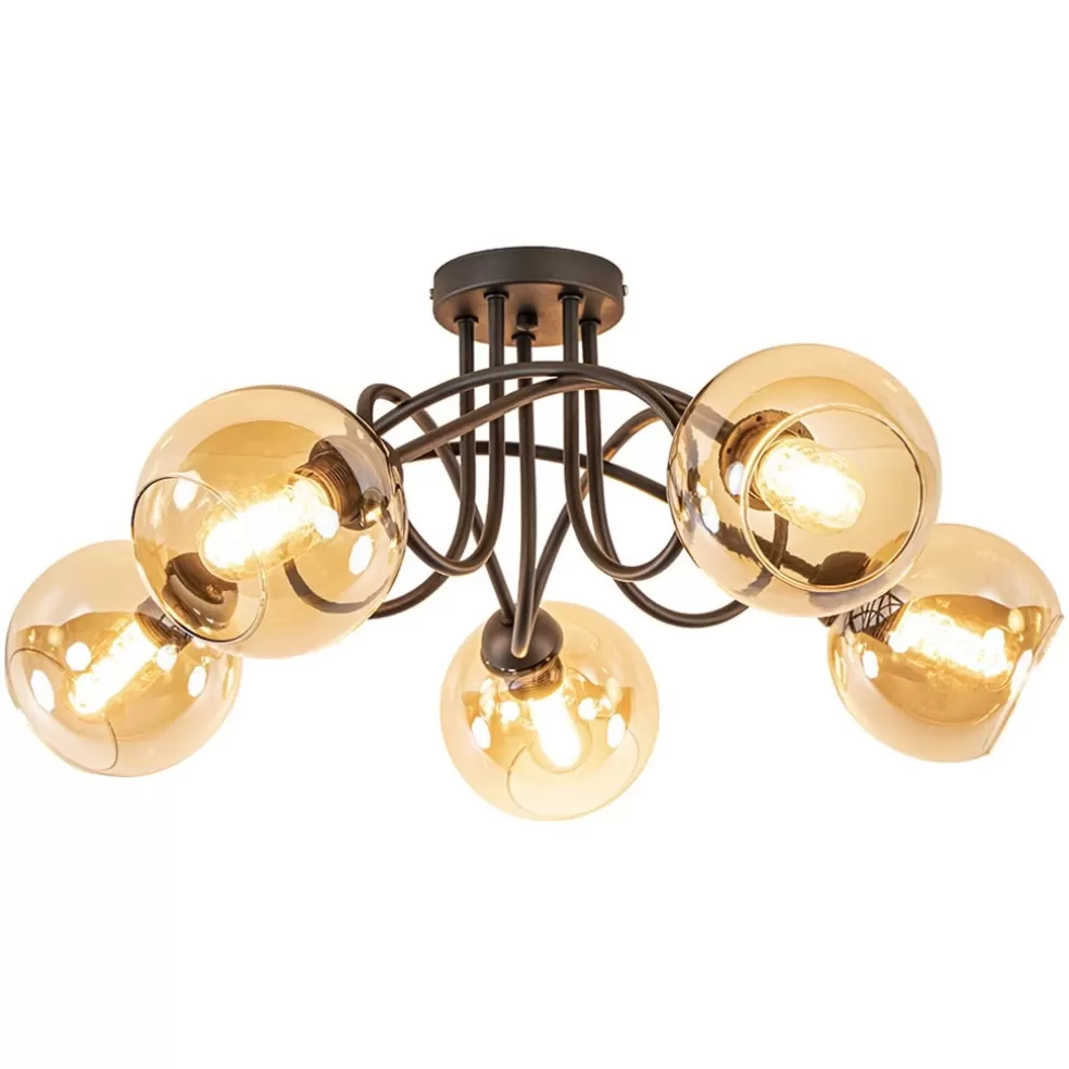 Sale Straluma 5-Lichts klassieke plafondlamp zwart met amber glazen bollen