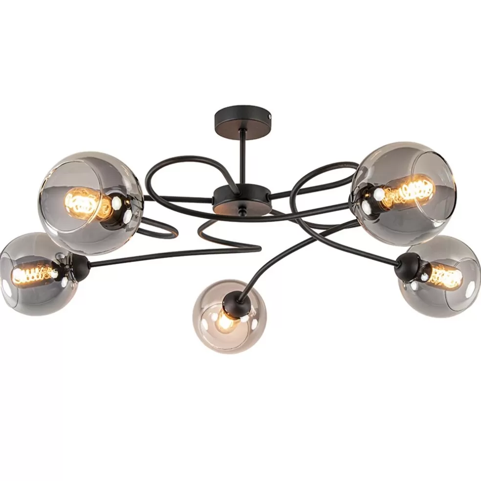 Sale Straluma Chique 5-lichts plafondlamp zwart met smoke glazen bollen