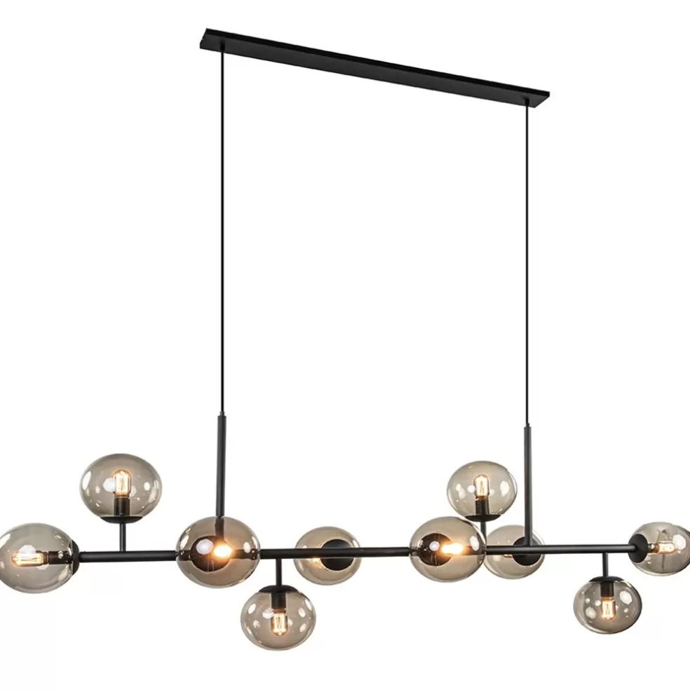 Fashion Straluma Grote 10-lichts hanglamp mat zwart met smoke glazen bollen