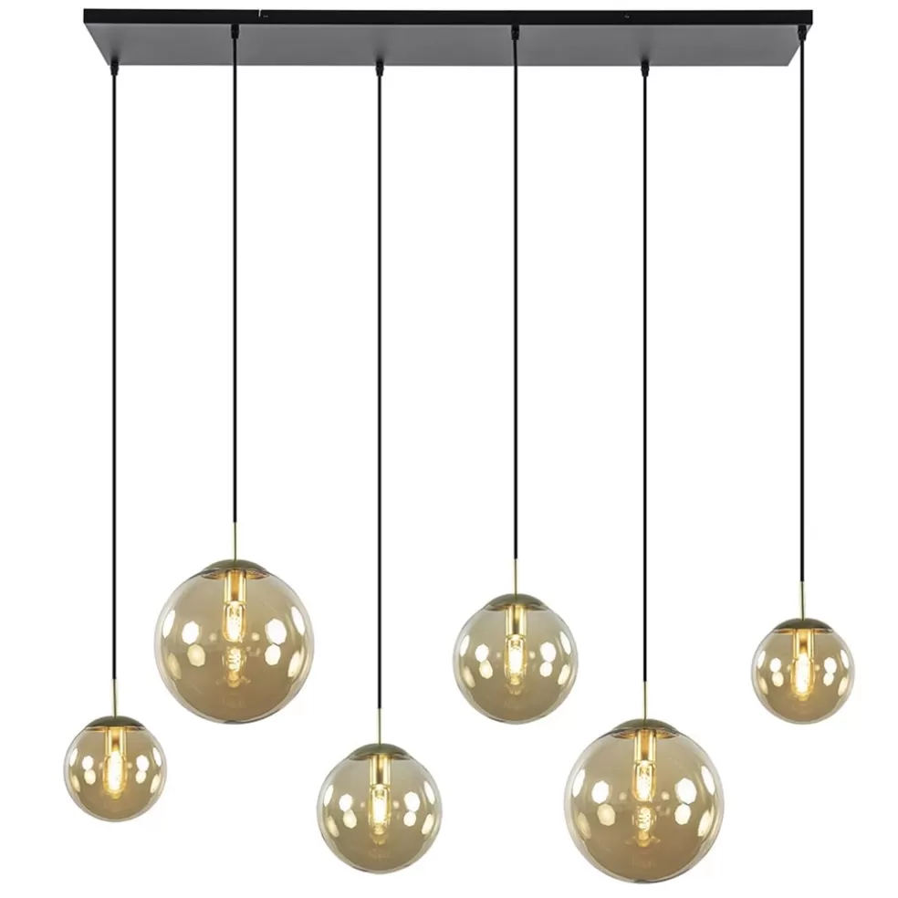 Clearance Straluma Grote 6-lichts eettafelhanglamp messing met amber glazen bollen