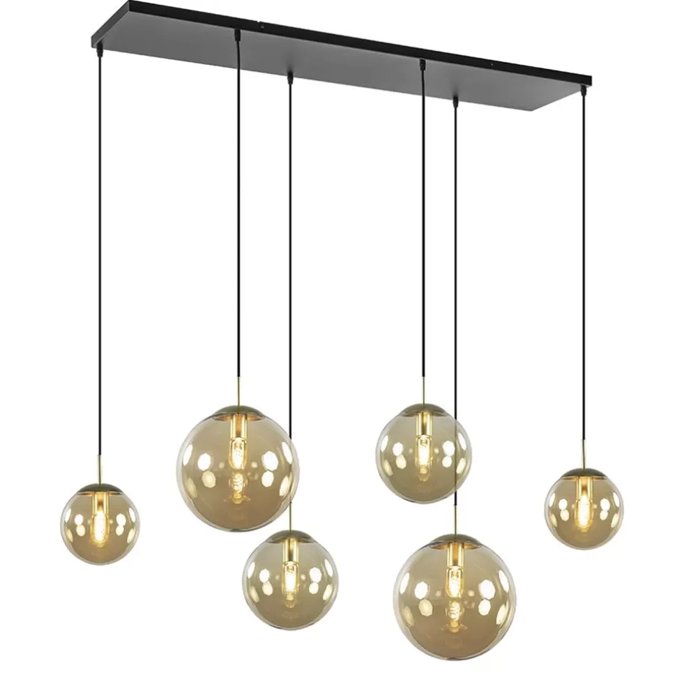 Clearance Straluma Grote 6-lichts eettafelhanglamp messing met amber glazen bollen