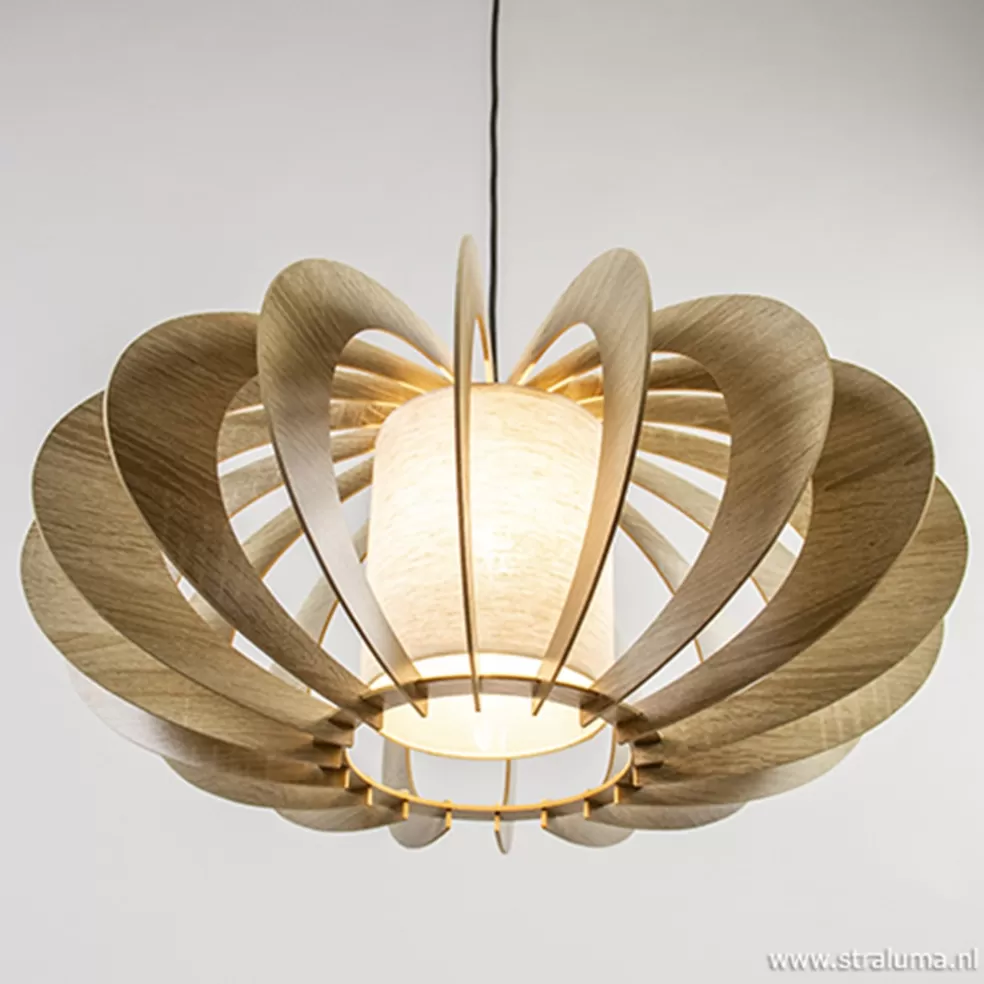 Outlet Straluma Hanglamp 64cm houten lamellen+linnen kap