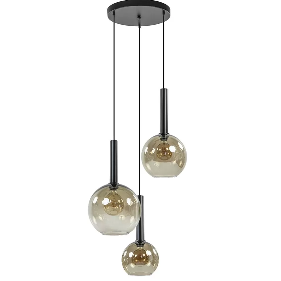 New Straluma Hanglamp Bella 3L rond zwart+smoke glas