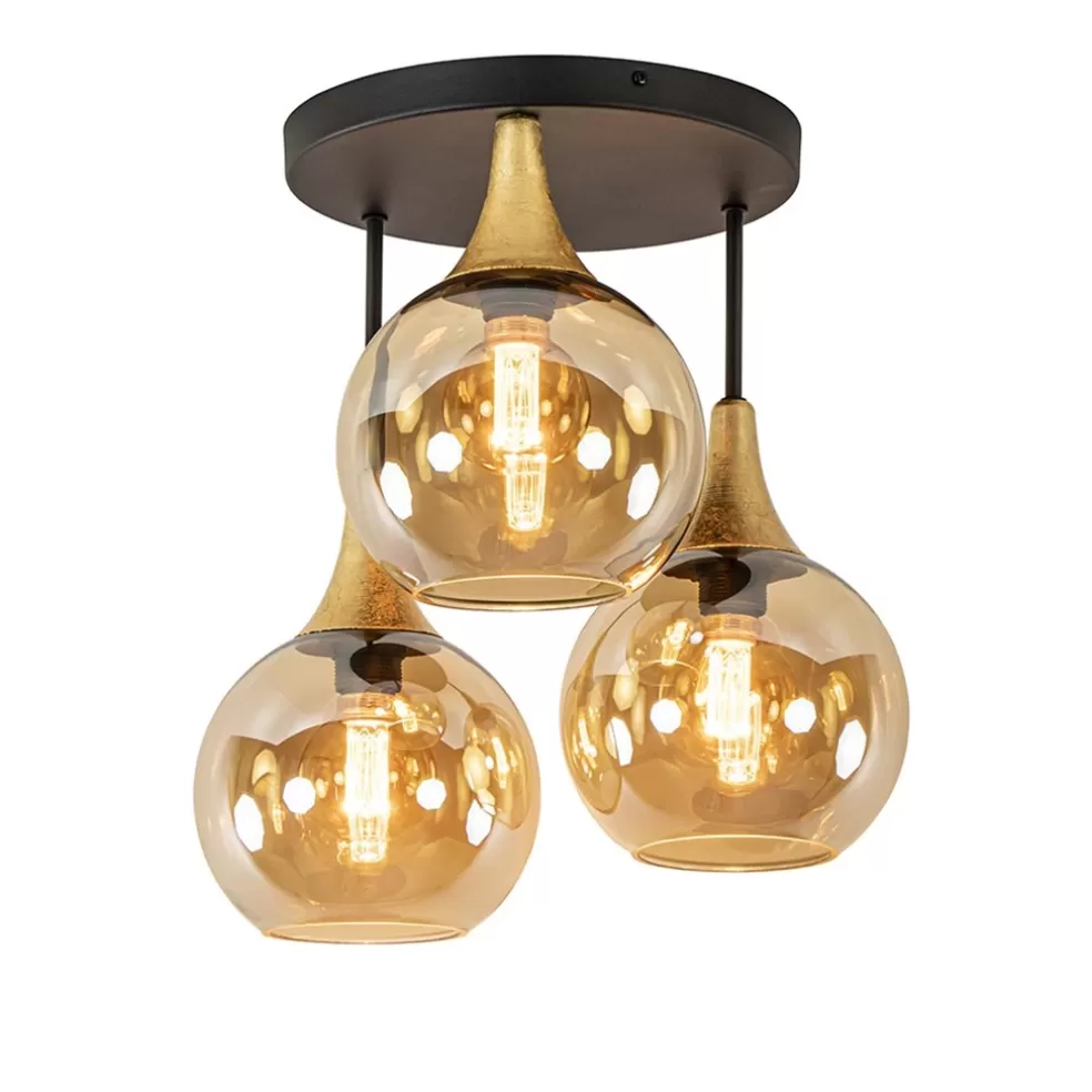 Outlet Straluma Klassieke plafondlamp zwart/goud met amber glas