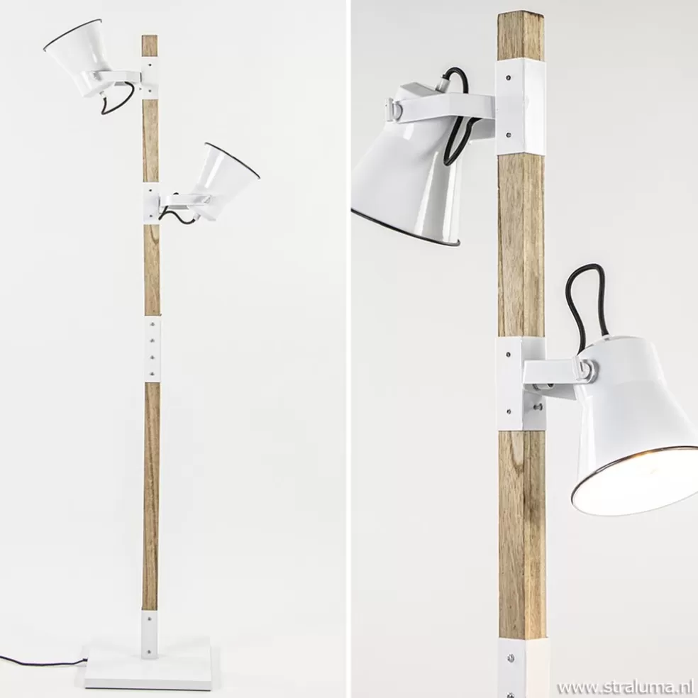 Discount Straluma Landelijke 2-lichts vloerlamp hout met witte kappen