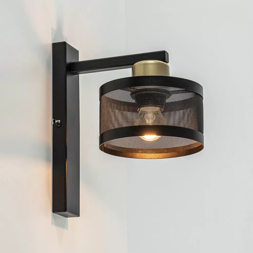 New Straluma Landelijke wandlamp zwart/goud met ronde kap