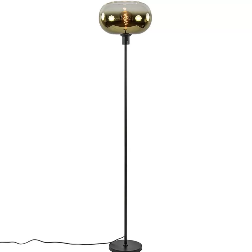 Outlet Straluma Mat zwarte vloerlamp met glazen kap helder/goud