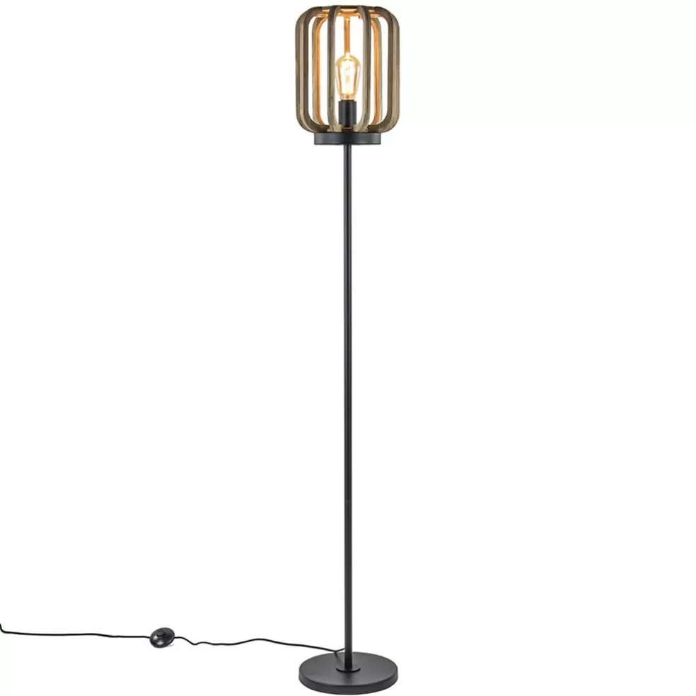 Outlet Straluma Mat zwarte vloerlamp met ruwe houten kap