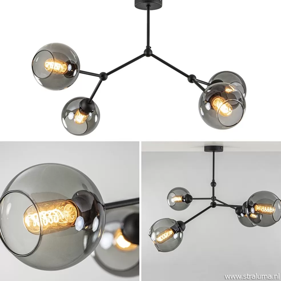 Hot Straluma Plafondlamp 4-armen zwart+smoke bolglas