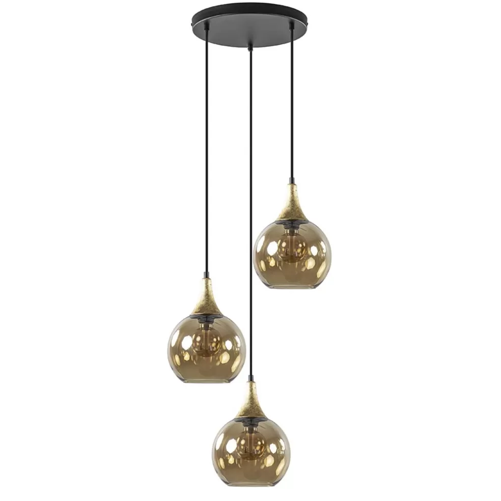 Store Straluma Ronde 3-lichts hanglamp zwart met goud en amber glas