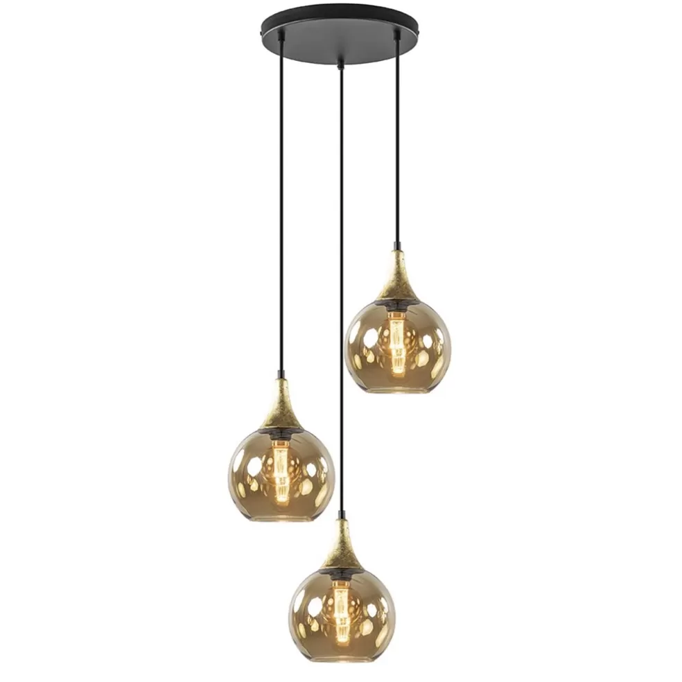 Store Straluma Ronde 3-lichts hanglamp zwart met goud en amber glas