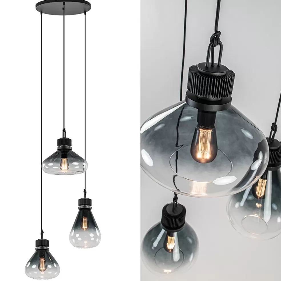 Discount Straluma Ronde 3-lichts hanglamp zwart met smoke/helder glas