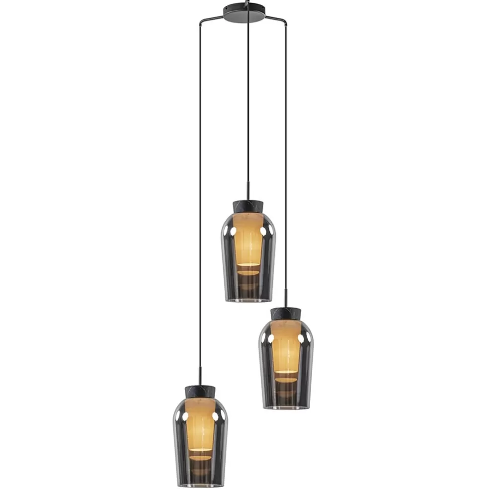 Hot Straluma Ronde 3-lichts hanglamp zwart/marmer met smoke glas