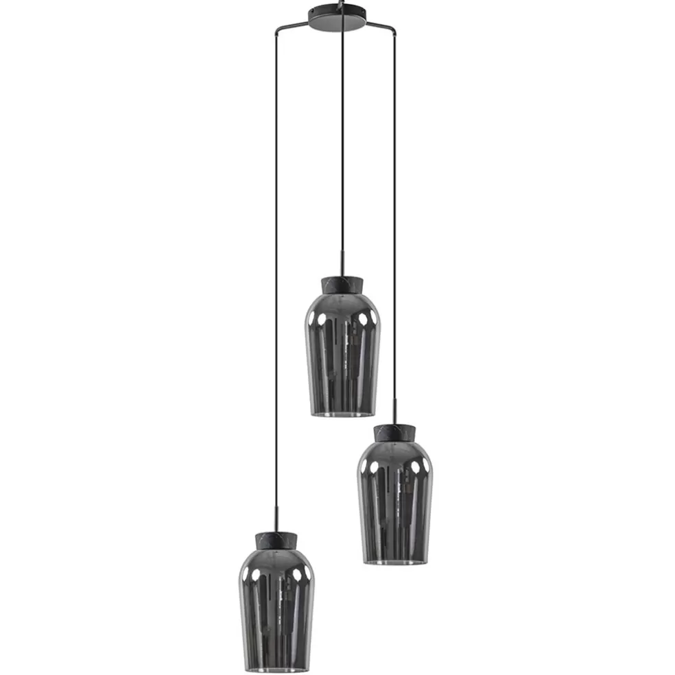 Hot Straluma Ronde 3-lichts hanglamp zwart/marmer met smoke glas