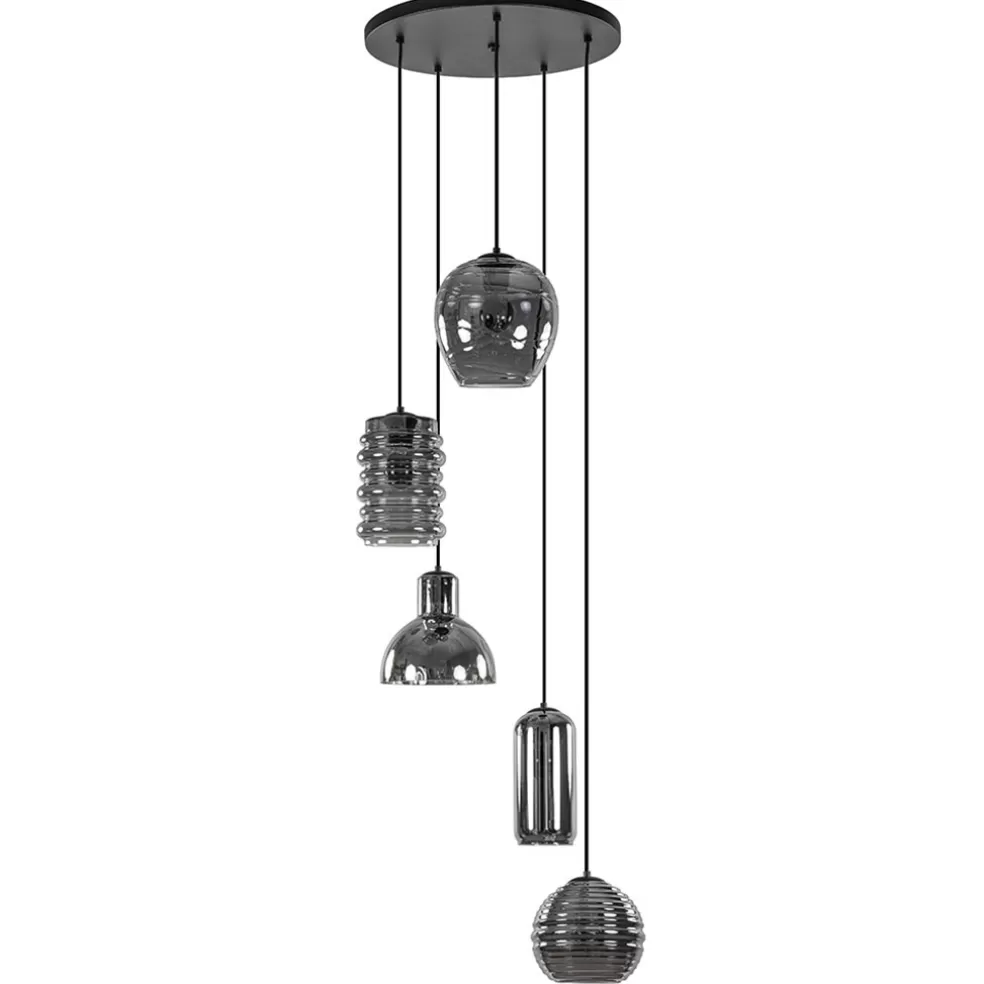 Hot Straluma Ronde 5-lichts hanglamp zwart met diverse smoke glazen