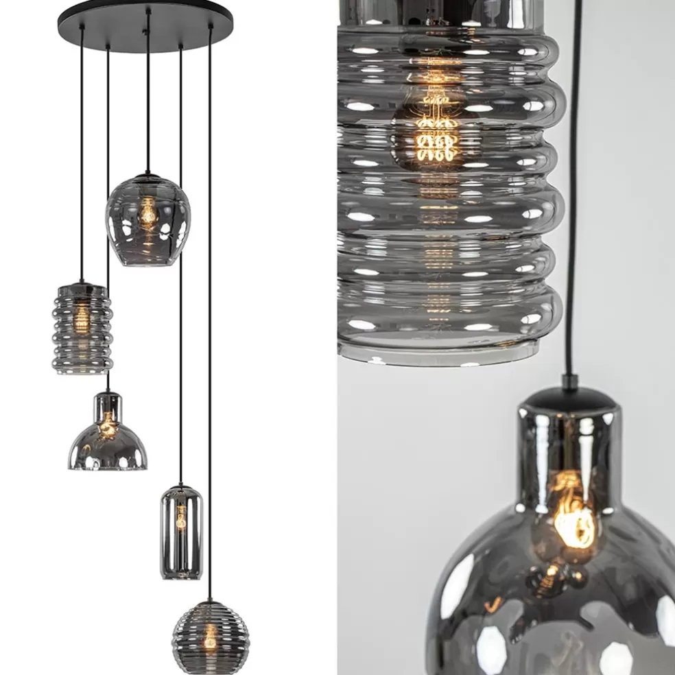 Hot Straluma Ronde 5-lichts hanglamp zwart met diverse smoke glazen