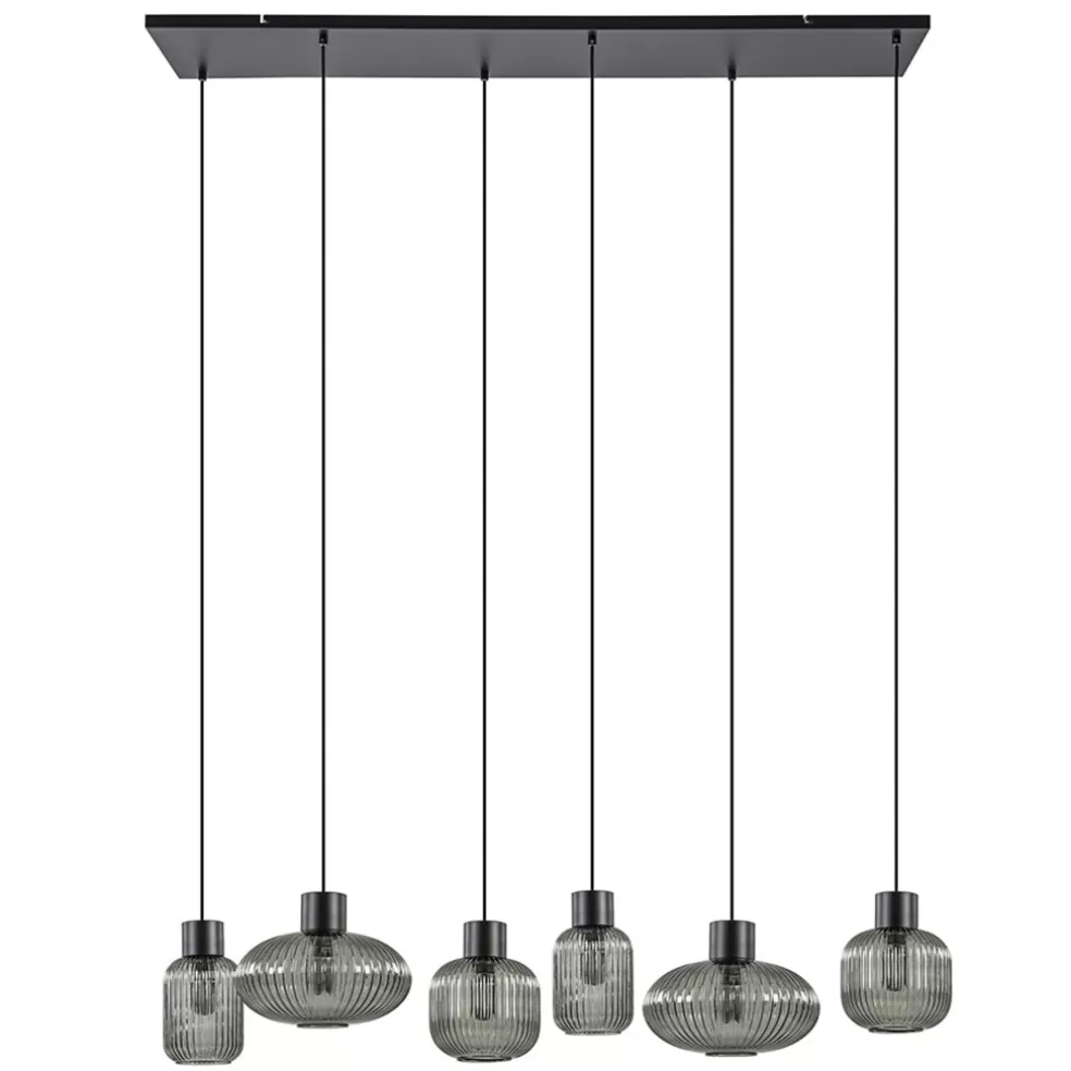 New Straluma Stijlvolle 6-lichts eettafelhanglamp zwart met smoke glas