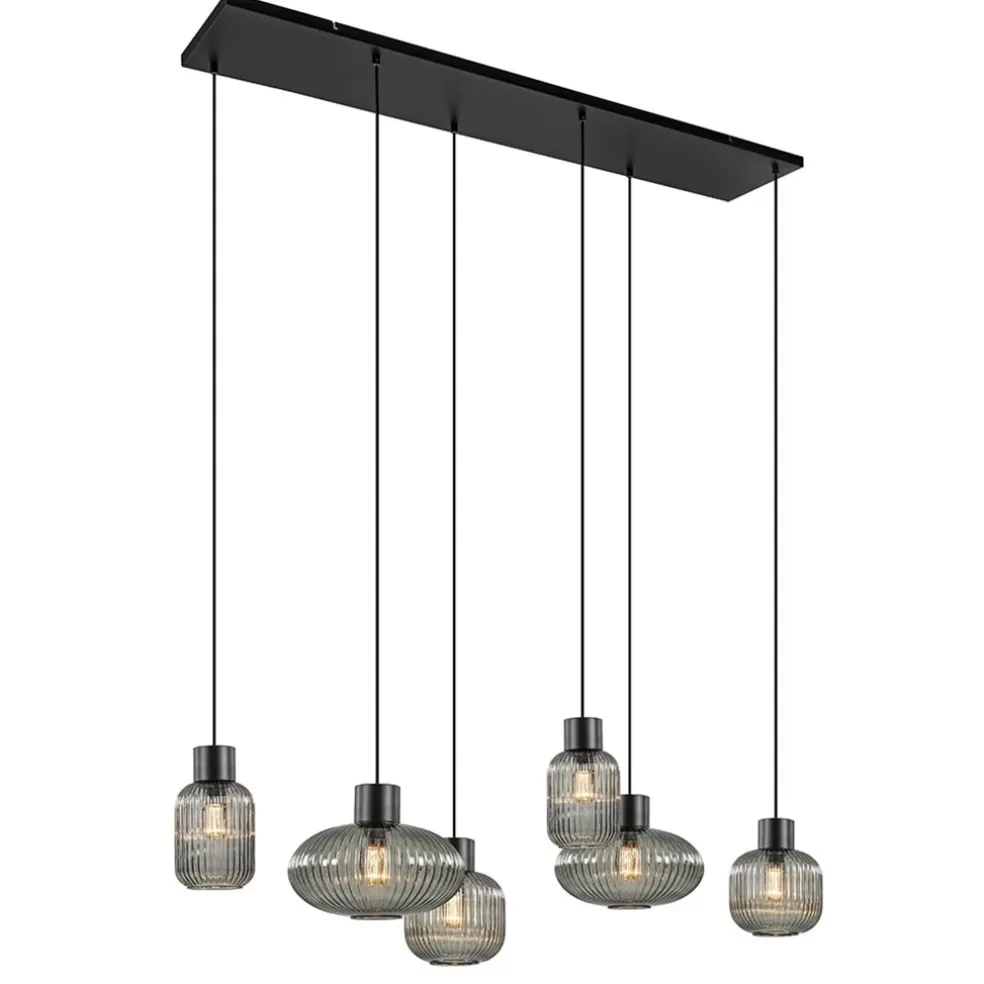 New Straluma Stijlvolle 6-lichts eettafelhanglamp zwart met smoke glas