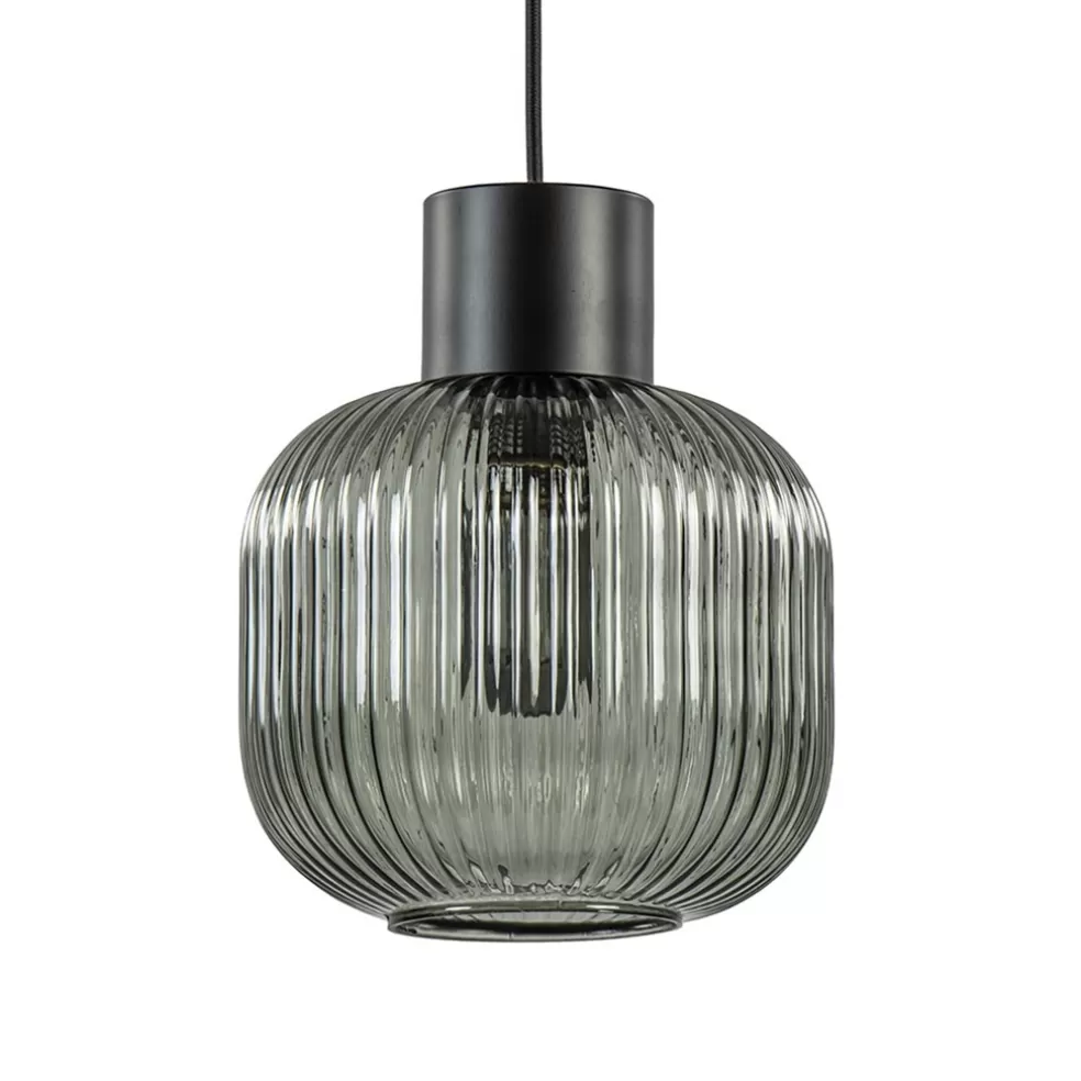 Online Straluma Stijlvolle hanglamp smoke glas geribbeld met zwart