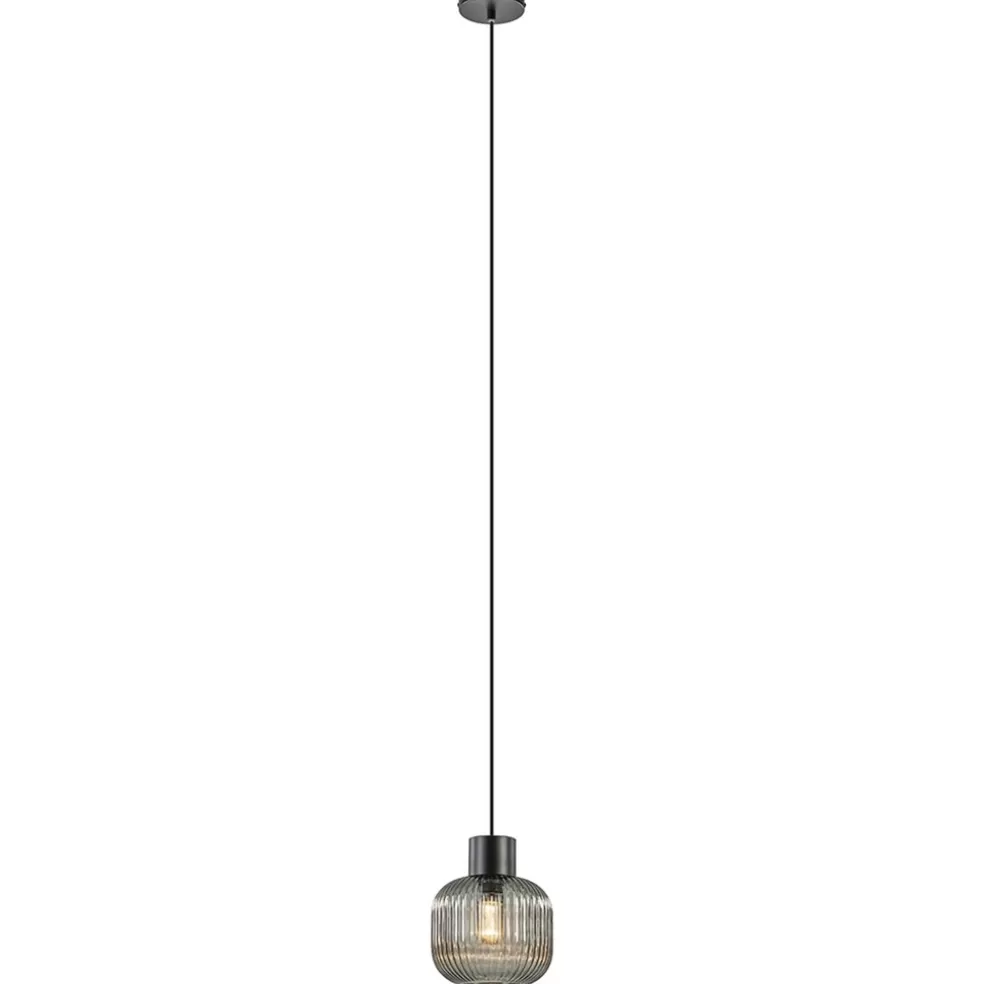 Online Straluma Stijlvolle hanglamp smoke glas geribbeld met zwart