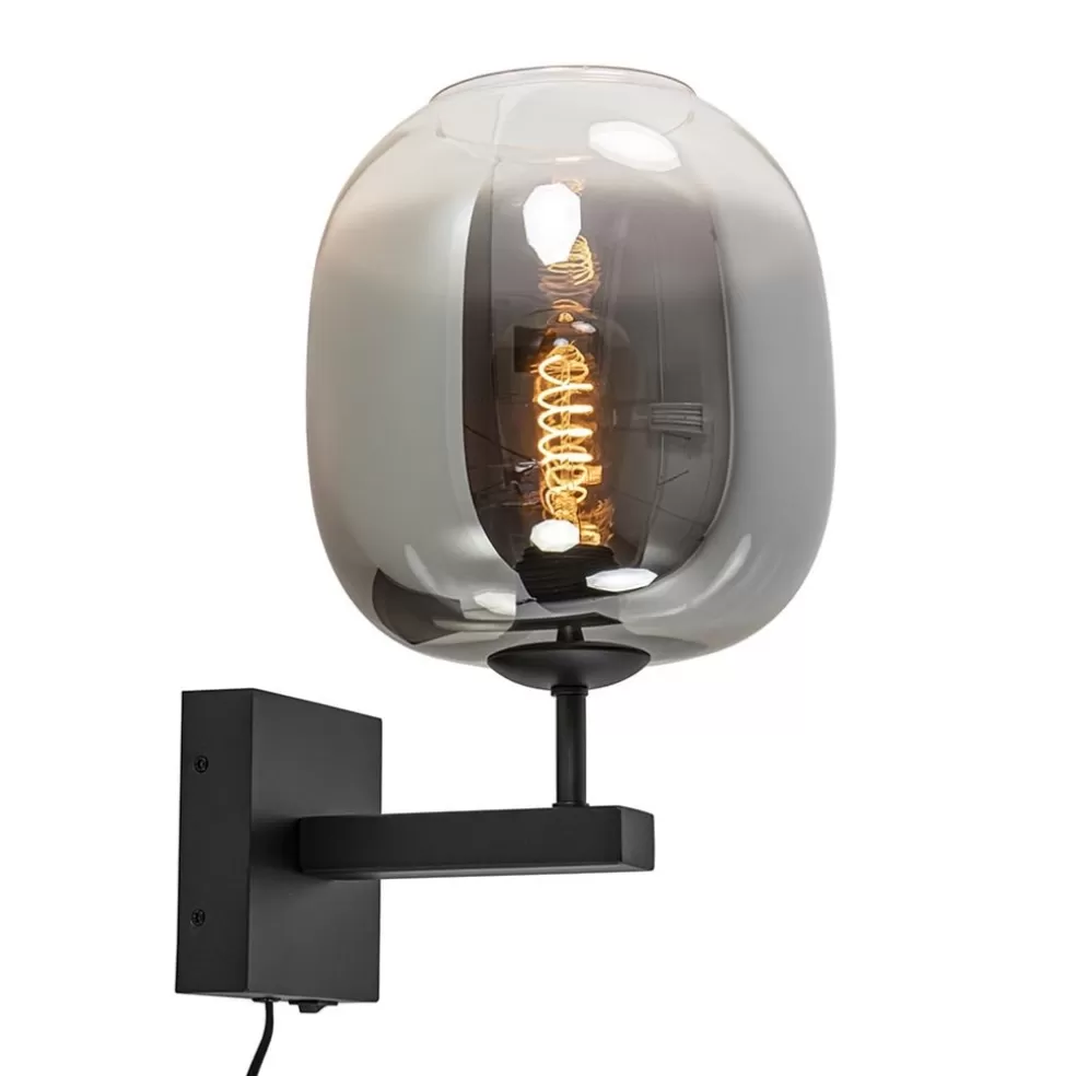 Online Straluma Trendy wandlamp zwart met smoke glazen kap en snoer