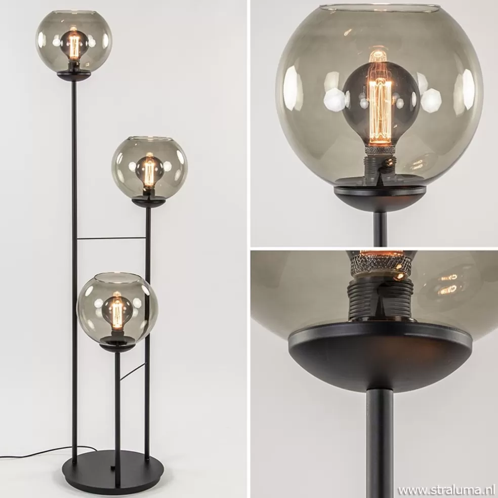 Fashion Straluma Vloerlamp 3-L zwart met bolglas smoke