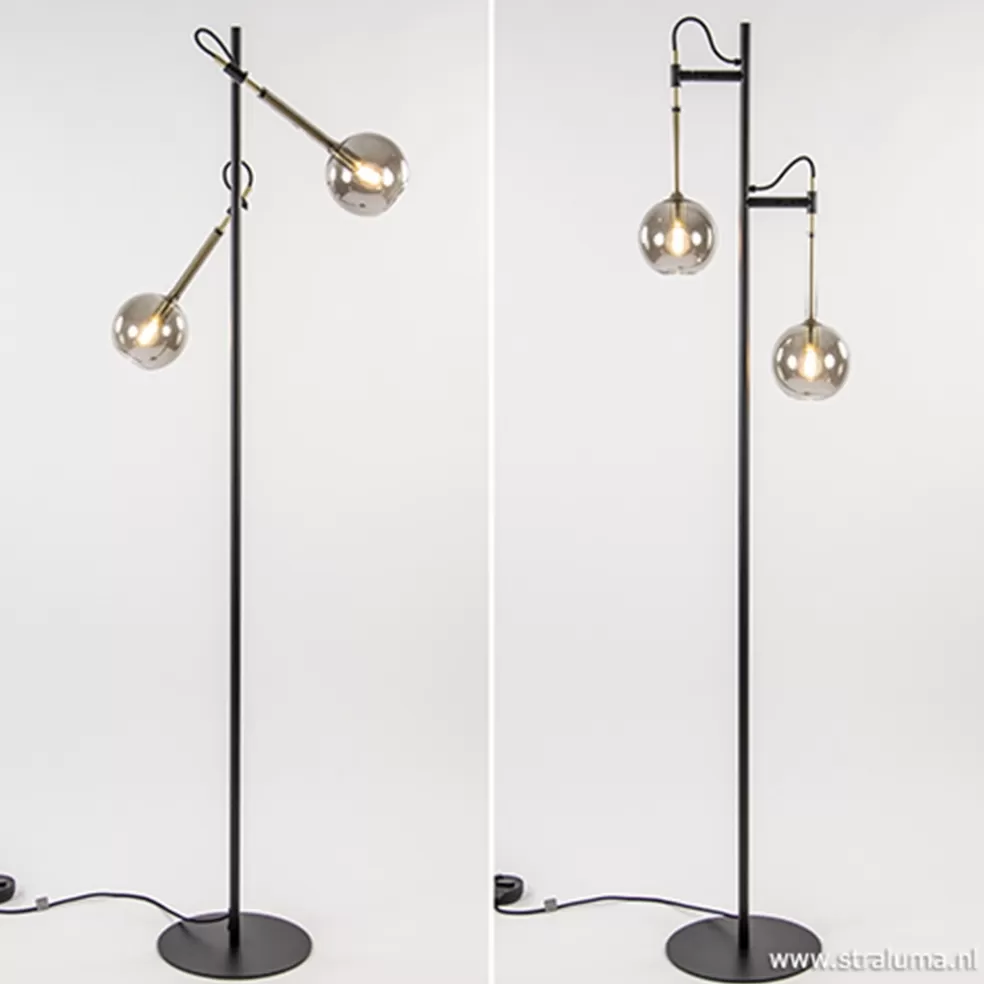 Hot Straluma Vloerlamp Globe 2-L zwart/goud smokeglas