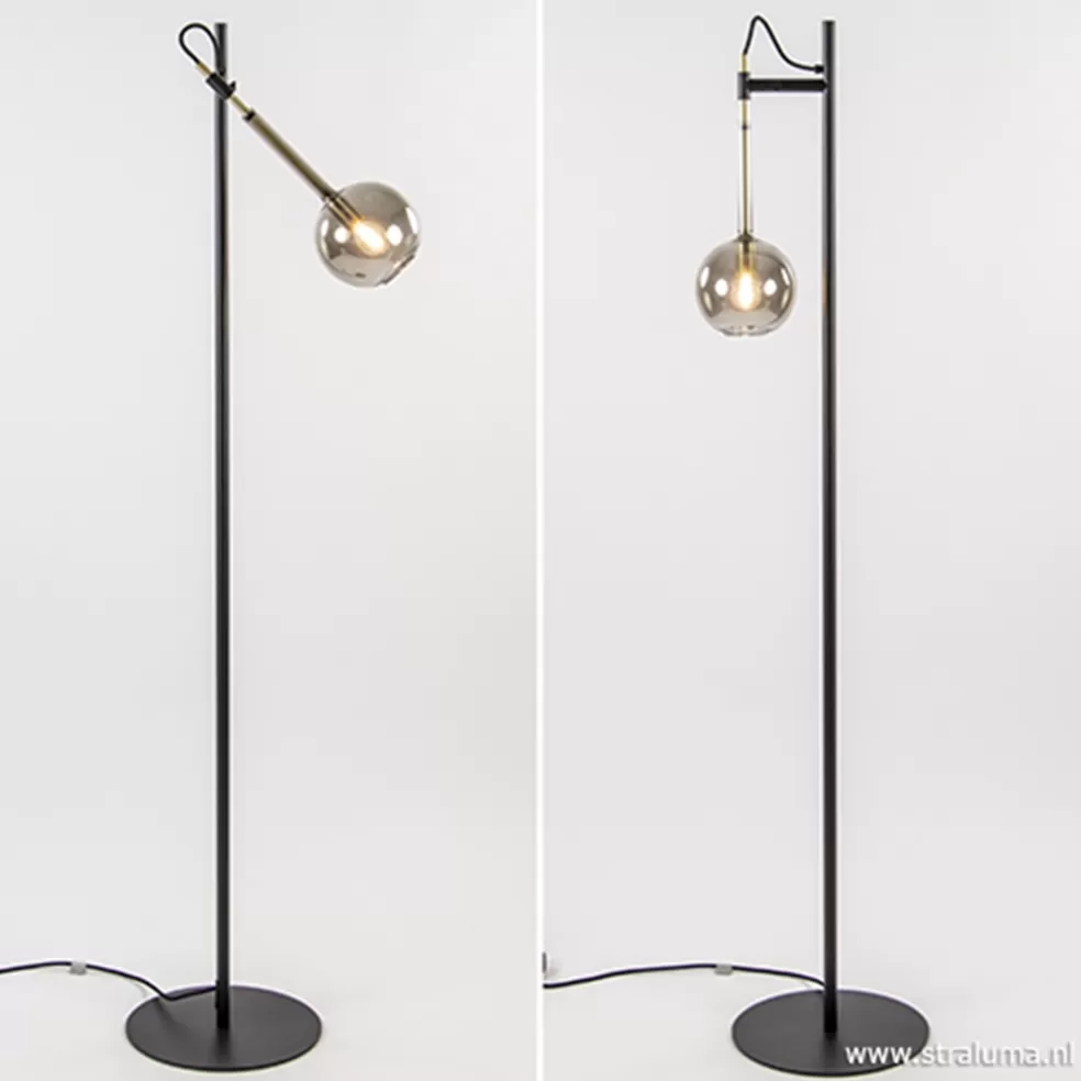 New Straluma Zwart/messing vloerlamp met smoke glas